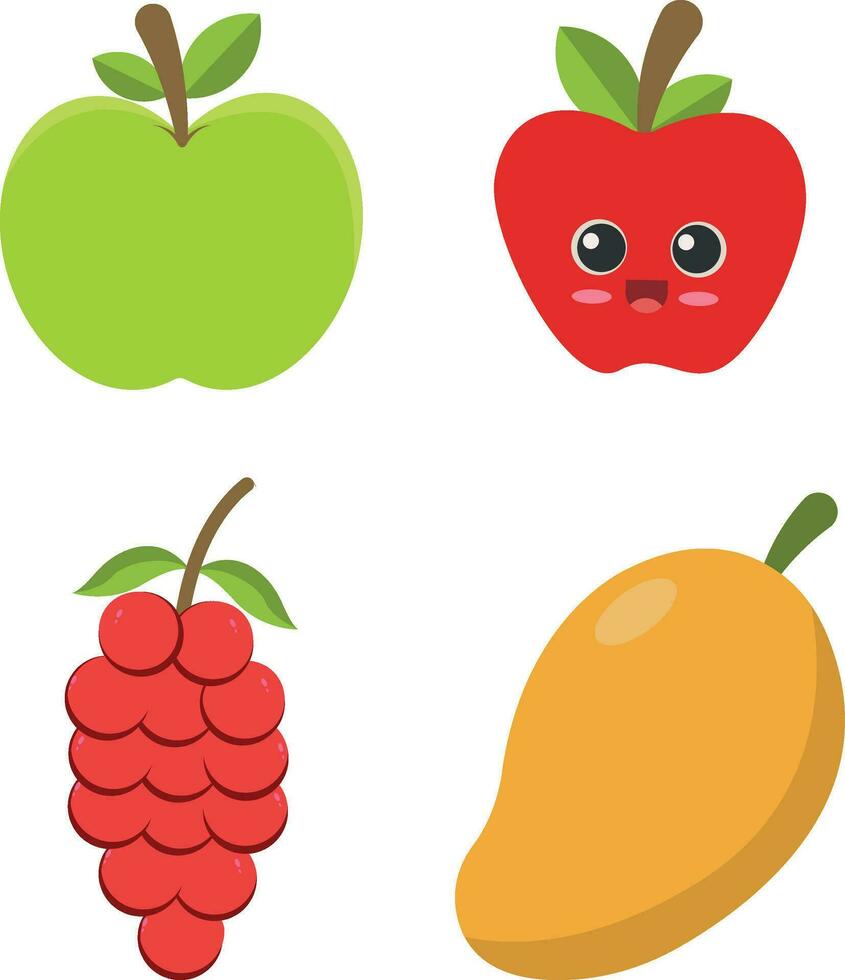 söt frukt, Lycklig söt uppsättning av leende frukt ansikten. vektor uppsättning av platt tecknad serie illustration ikoner. isolerat på vit bakgrund.