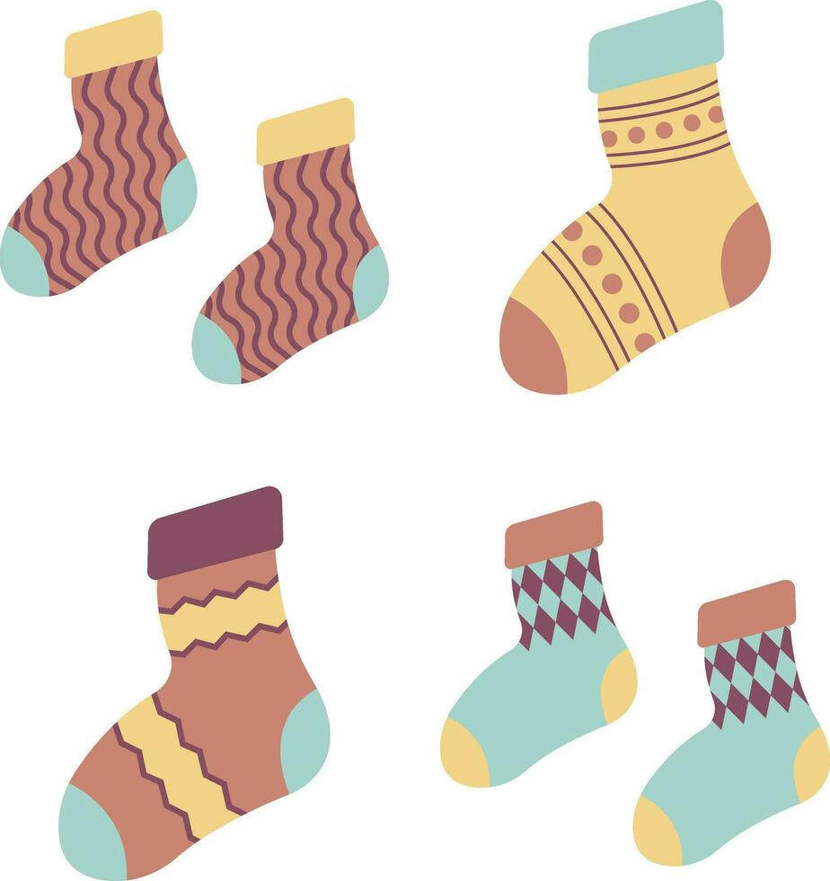 Winter Socken mit gestrickt Dekorationen, Herzen isoliert auf ein Weiß Hintergrund. Socken zum Weihnachten, Urlaub Zeit oder kalt Winter. vektor