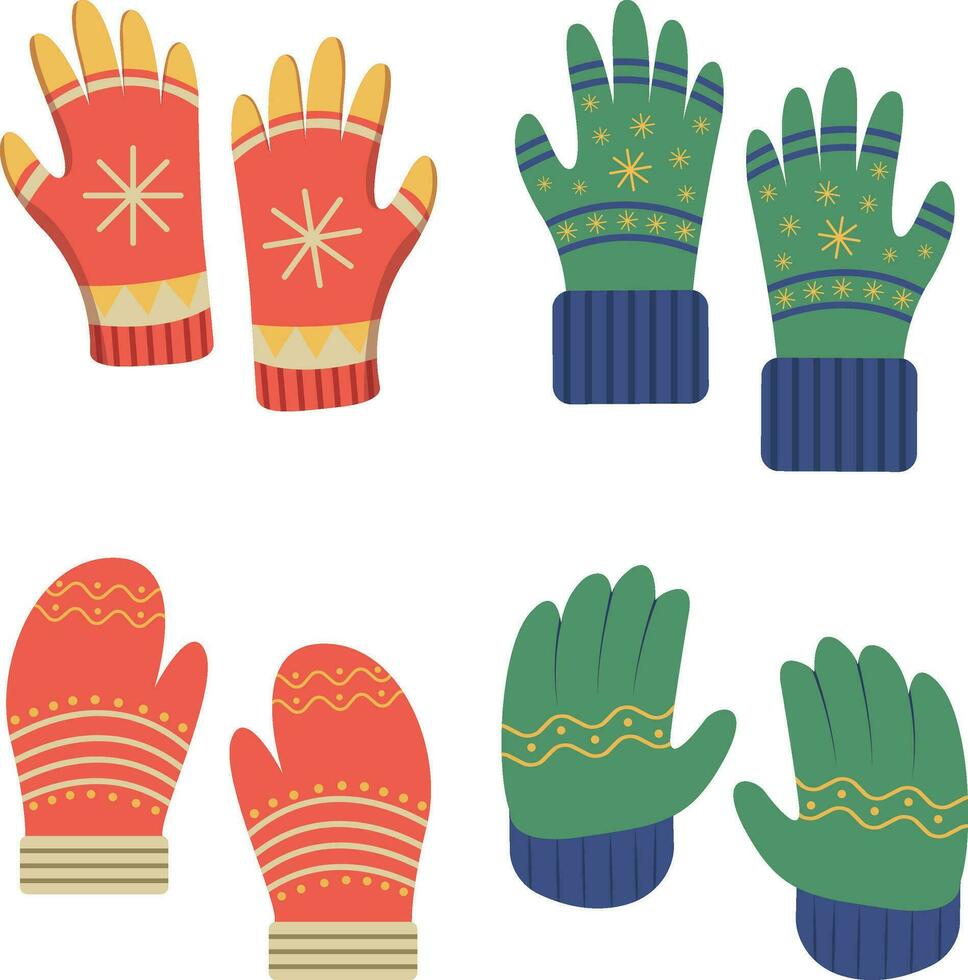vinter- handske. söt färgrik vävd eller stickat handskar för kall frostig väder isolerat på vit bakgrund. tecknad serie platt vektor illustration