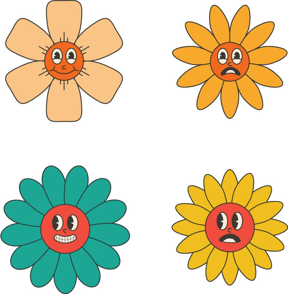 groovig Blume retro. komisch glücklich Gänseblümchen mit Augen und lächeln. Aufkleber Pack im modisch retro trippy Stil. isoliert Vektor Illustration.