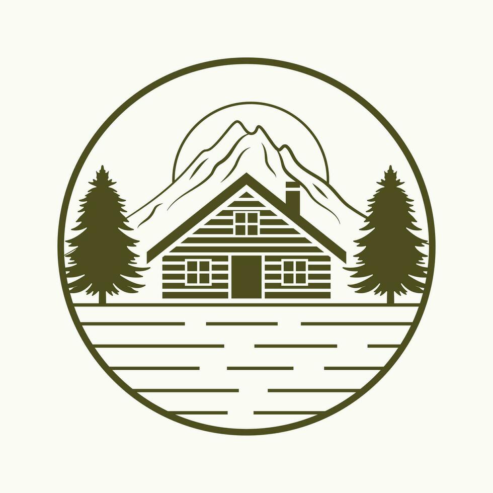 Haus und Berg Vektor Emblem Design. Reise Kabine Vektor Logo Vorlage.