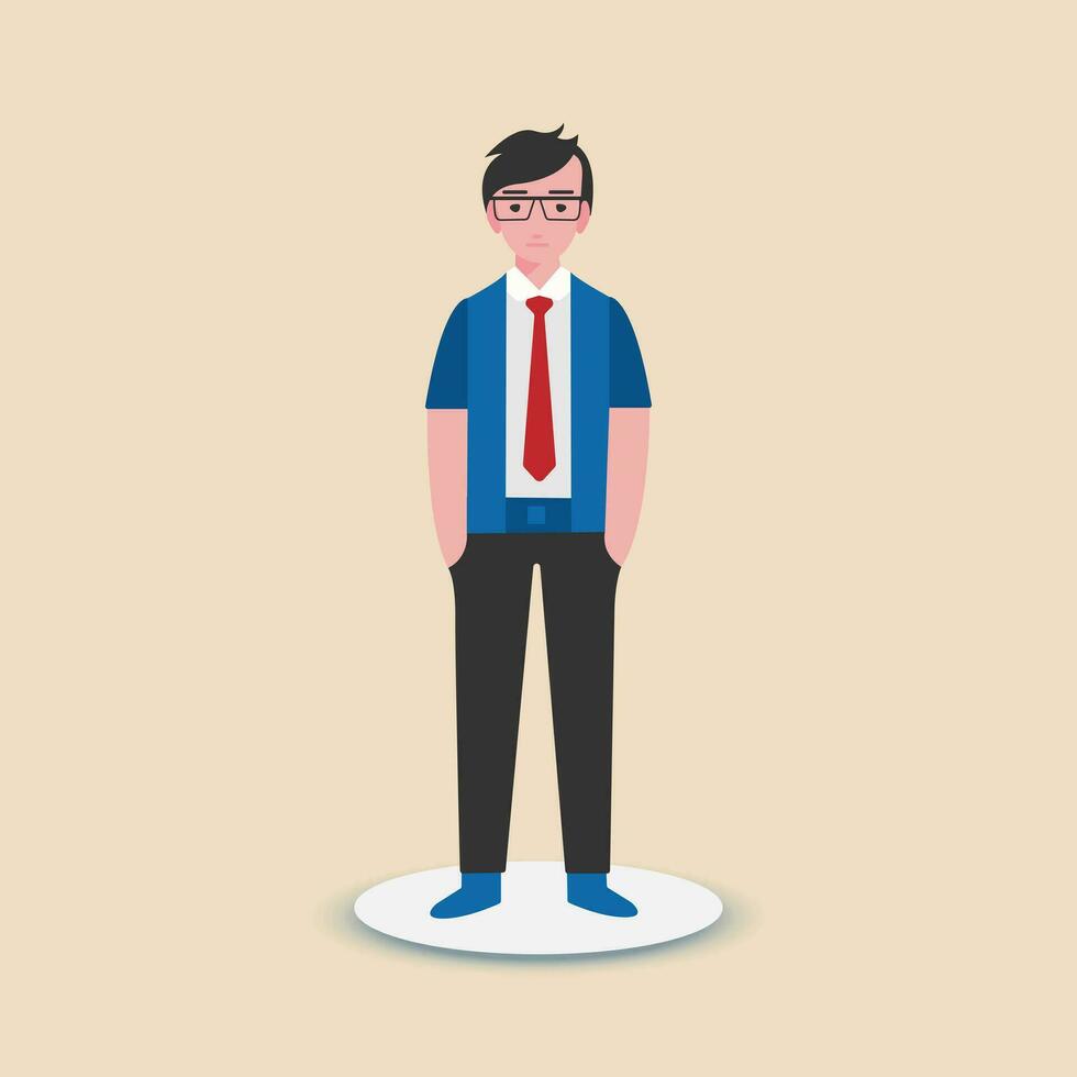 ein Schüler Stehen selbstbewusst tragen binden, Shirt, keuchen und Auge glass.vector Illustration.flach Design. vektor