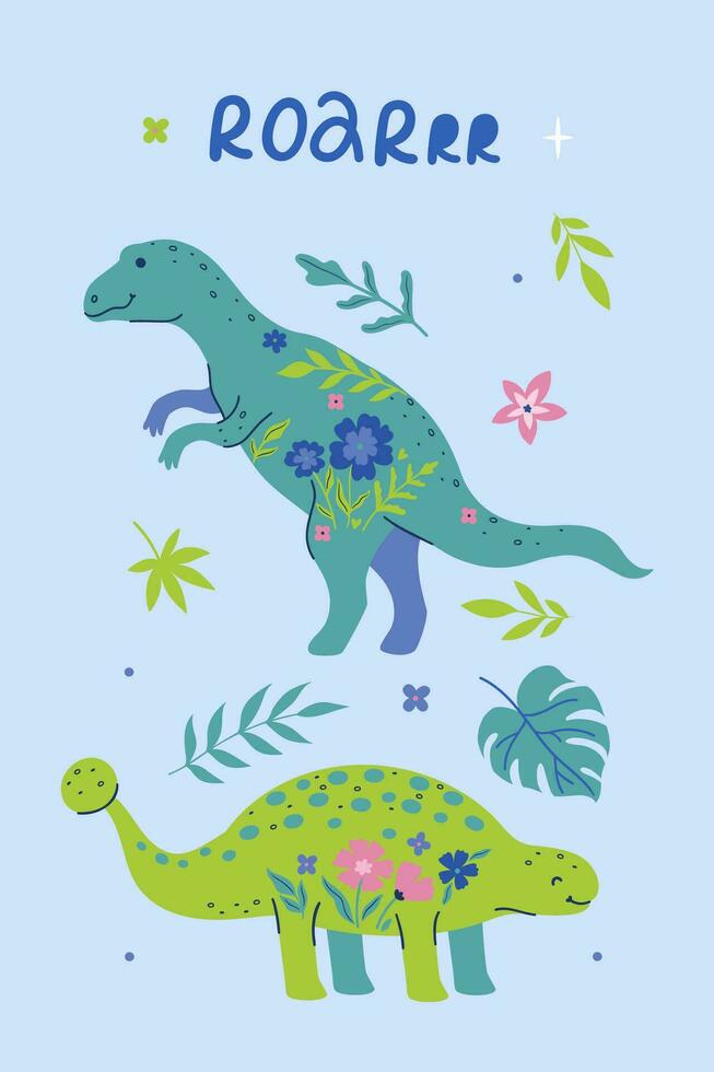 Poster mit süß Dinosaurier, Blätter und Blumen. Vektor Grafik.