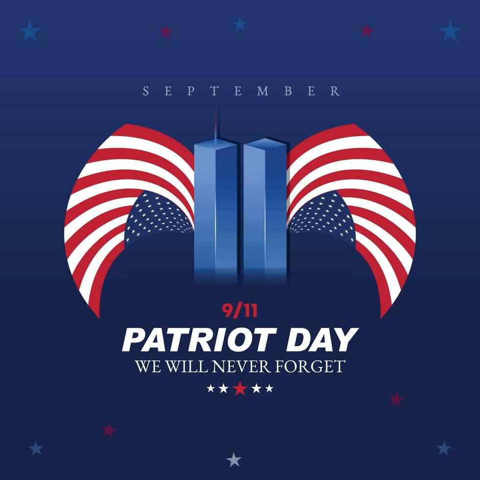 Erinnern September 9 11. Patriot Tag. September 11. noch nie vergessen USA 9 11. Zwilling Türme auf amerikanisch Flagge. Welt Handel Center neun elf. Vektor Design Vorlage mit Rot, Weiß und Blau Farben