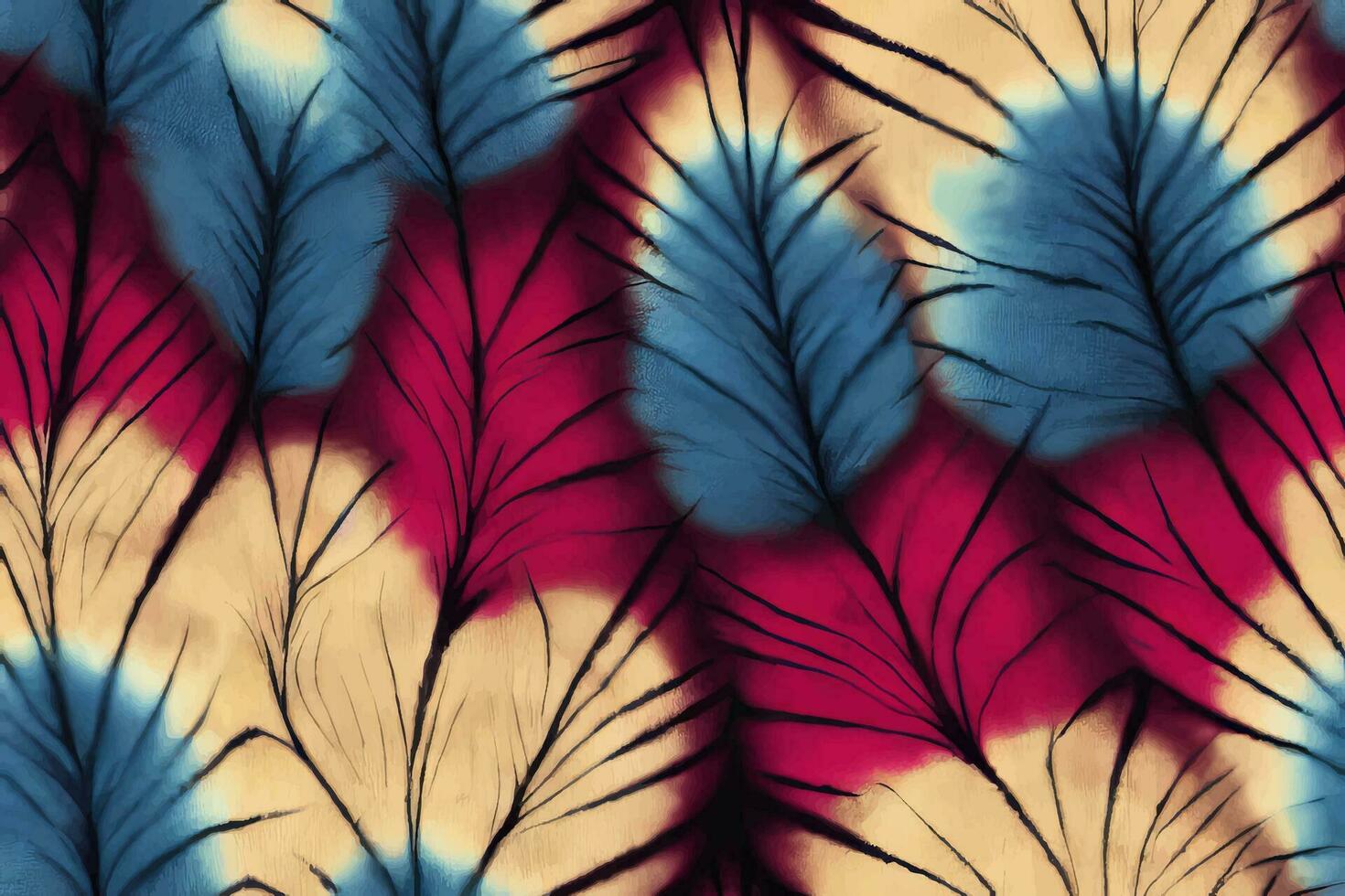 Krawatte Farbstoff Shibori tye sterben abstrakt Batik Bürste Tinte Spiral- Strudel Stoff Kreis nahtlos Design Grün braun dunkel Blau Farben Farbe retro botanisch geometrisch wiederholen Zeichnung Fliese Vektor , Blau rot Gefieder