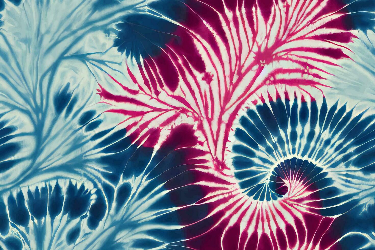 Krawatte Farbstoff Shibori tye sterben abstrakt Batik Bürste Tinte Spiral- Strudel Stoff Kreis nahtlos Design Farbe retro botanisch geometrisch wiederholen Zeichnung Fliese Vektor Grün braun dunkel Blau Farben , rot Blau Blumen