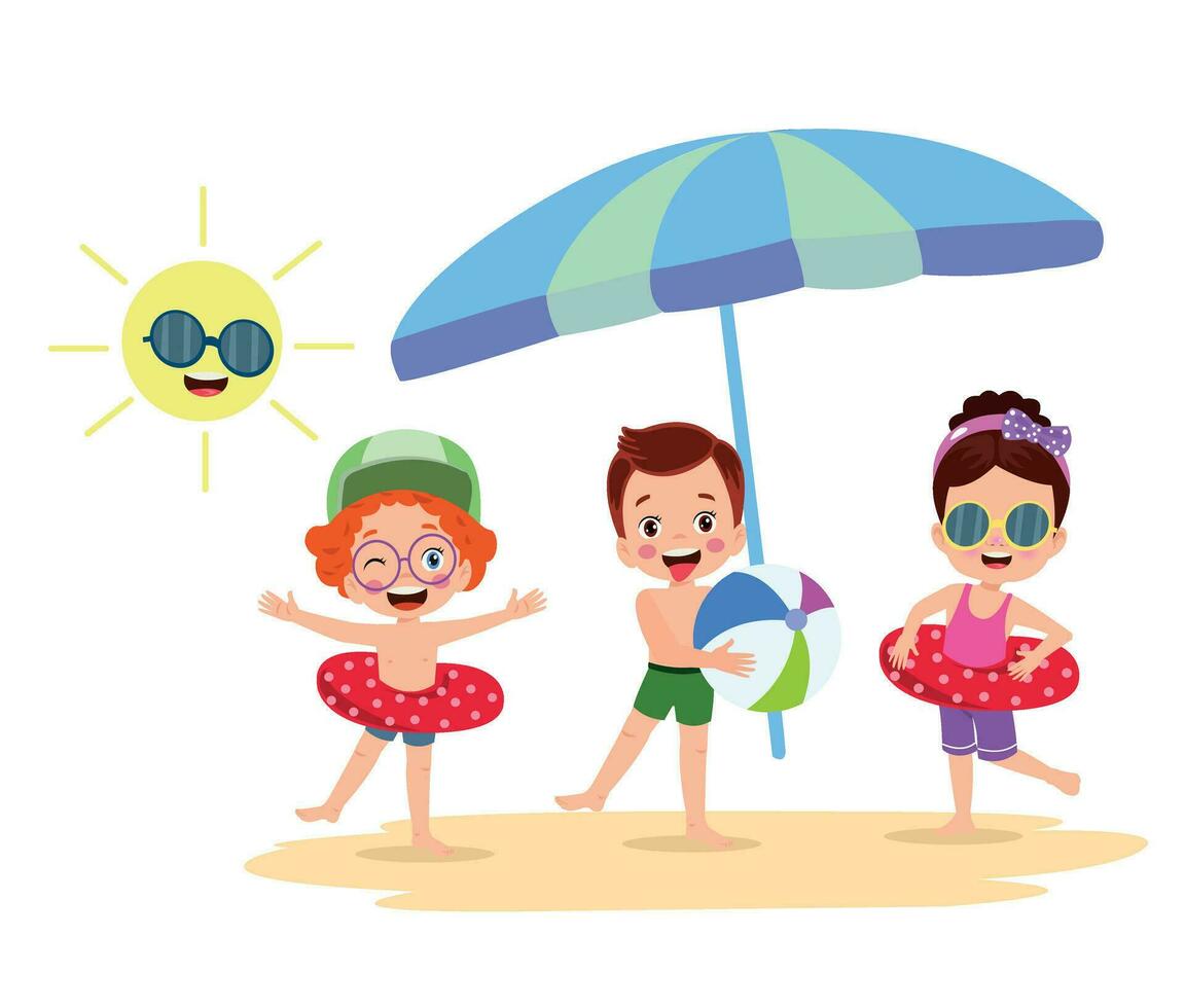 unge på strand handduk under paraply, platt tecknad serie vektor illustration isolerat