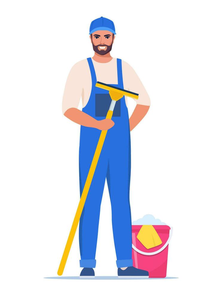 rengöring service man karaktär i enhetlig med glas rengöring skrapa. arbetstagare av rengöring service. vektor illustration.