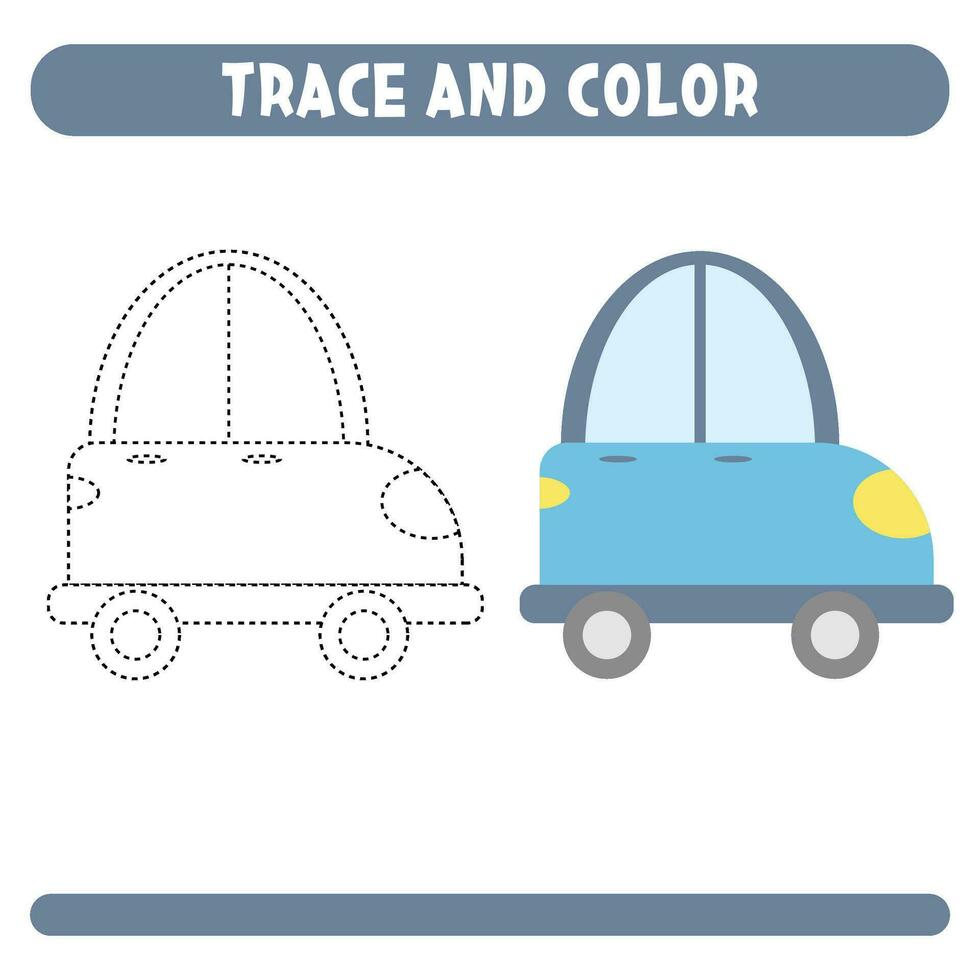 spår och Färg söt tecknad serie blå bil. kalkylblad för barn vektor