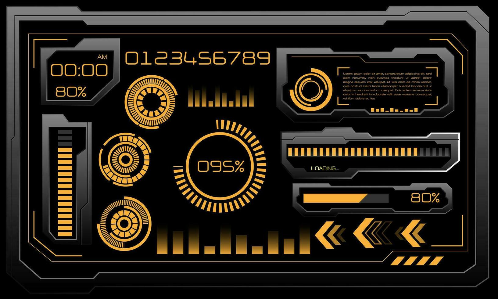 Vektor von futuristisch Technologie Cyber hud Instrumententafel Monitor Gelb Neon- Licht Leistung Status auf grau Design hochmodern Element