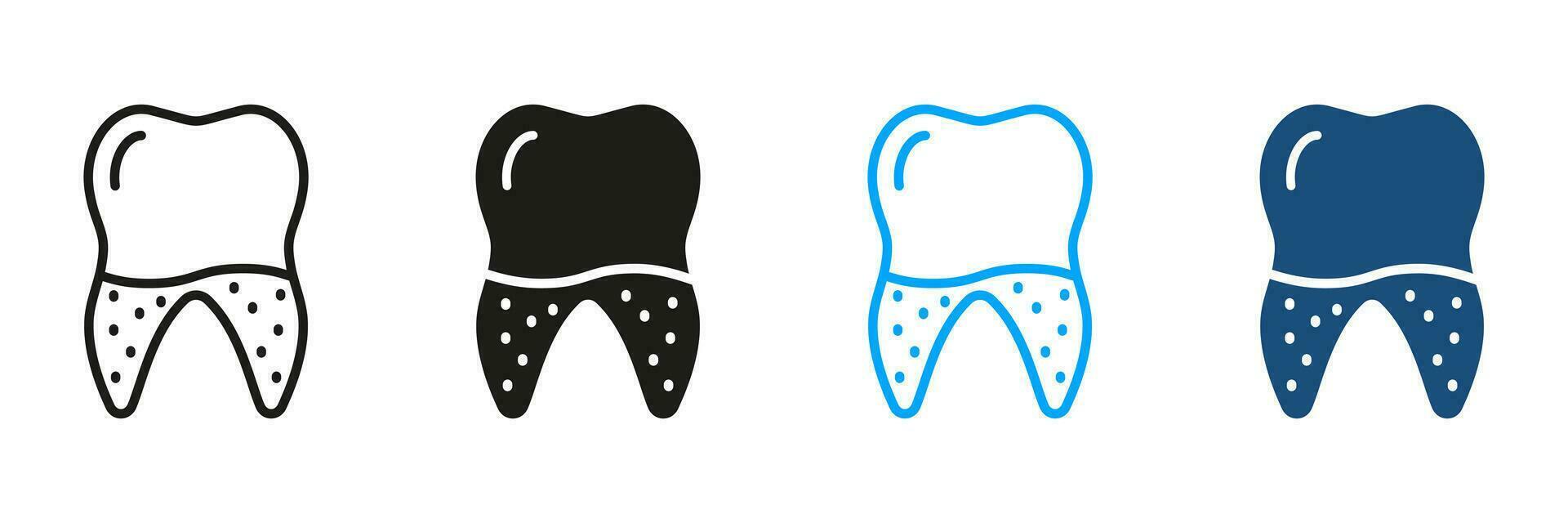 Dental Infinitesimalrechnung Silhouette und Linie Symbole Satz. defekt Zähne, Zahnstein Piktogramm. Zahnheilkunde unterzeichnen. Dental Behandlung Symbol Sammlung. Zahn medizinisch Krankheit, Oral Problem. isoliert Vektor Illustration.