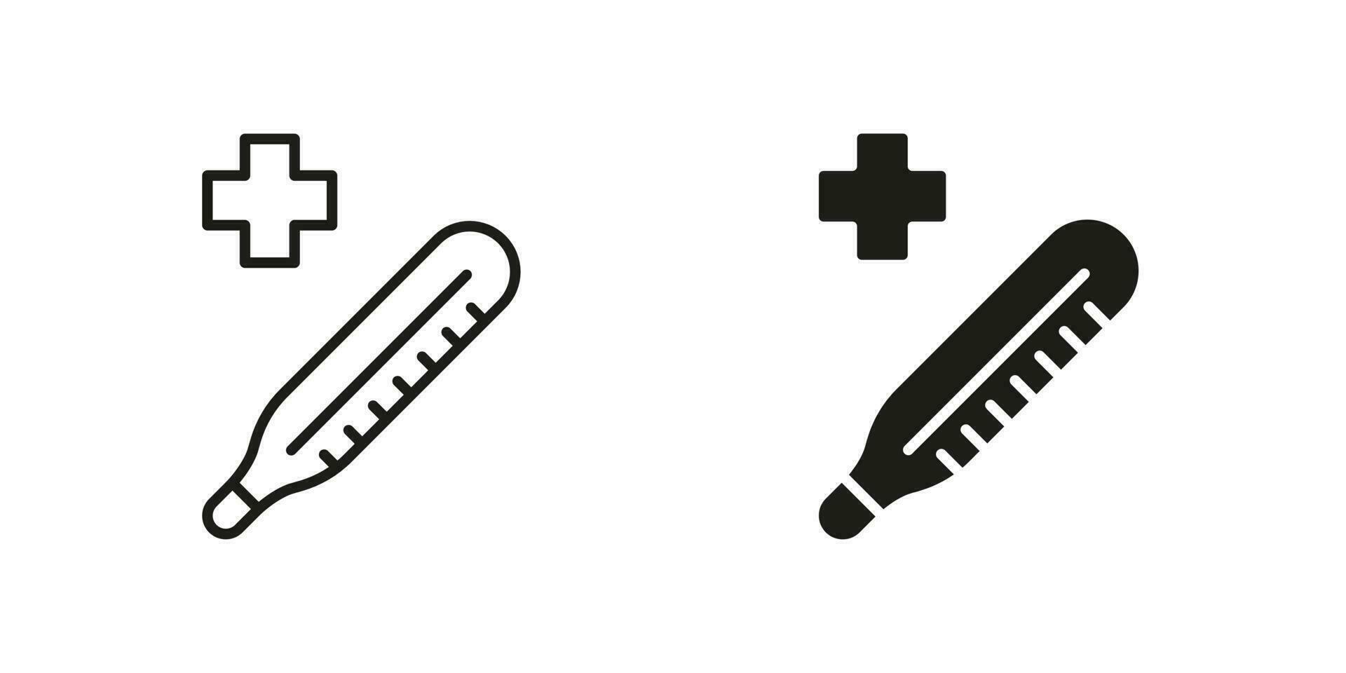 Thermometer Linie und Silhouette schwarz Symbol Satz. Diagnose Krankheit, Gesundheit Pflege Instrument Symbol Sammlung. medizinisch Werkzeug zum Temperatur Steuerung Piktogramm. isoliert Vektor Illustration.