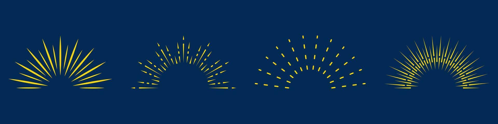 radial Sonnendurchbruch, Jahrgang Dekoration Symbol Satz. abstrakt Feuerwerk, funkeln Sonnenstrahl, runden Strahl Symbol Sammlung. Sonnenaufgang Licht Piktogramm. Sternenexplosion, Kreis Sonne platzen. isoliert Vektor Illustration.