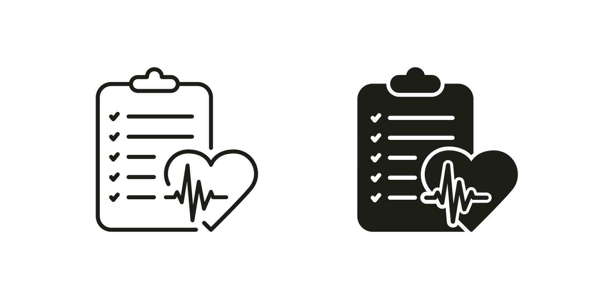 Gesundheit Information auf Zwischenablage, Krankenhaus Notiz, Diagnose dokumentieren. medizinisch Aufzeichnung Symbol Sammlung. geduldig Diagnose Bericht Linie und Silhouette schwarz Symbol Satz. isoliert Vektor Illustration.