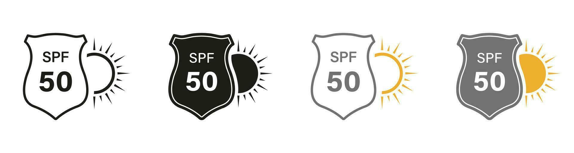 spf 50 Sonnencreme Linie und Silhouette Symbol Satz. Schild Sonne Block ultraviolett Strahlen Symbol Sammlung. Sommer- Hautpflege Creme, Solar- Sicherheit Etikett. Haut Schutz Piktogramm. isoliert Vektor Illustration.