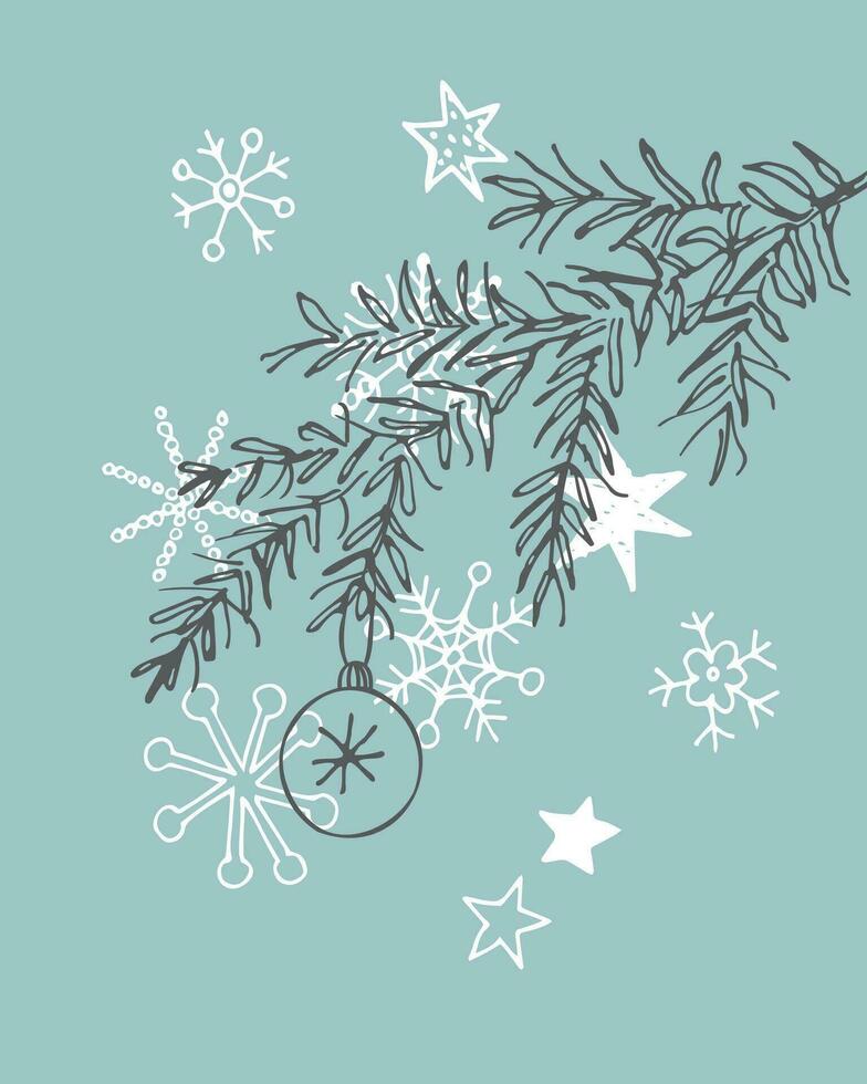jul träd med leksaker och snöflingor för Lycklig ny år hälsningar minimalistisk stil vektor illustration. bläck dragen festlig mall för Grattis på de vinter- högtider. boho stil bakgrund
