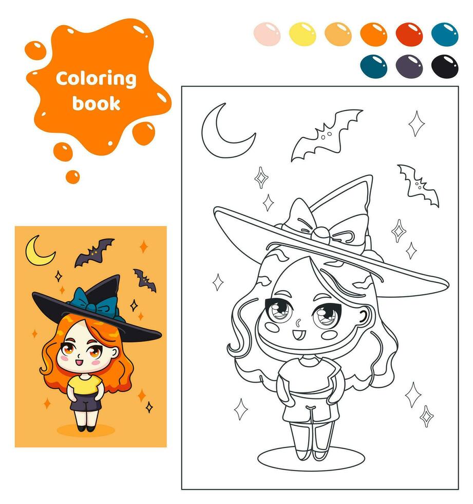 Färbung Buch zum Kinder. Arbeitsblatt zum Zeichnung mit Karikatur Anime Mädchen. süß Hexe mit Hut, Fledermäuse, Mond. Halloween Färbung Seite mit Farbe Palette zum Kinder. Vektor Illustration.