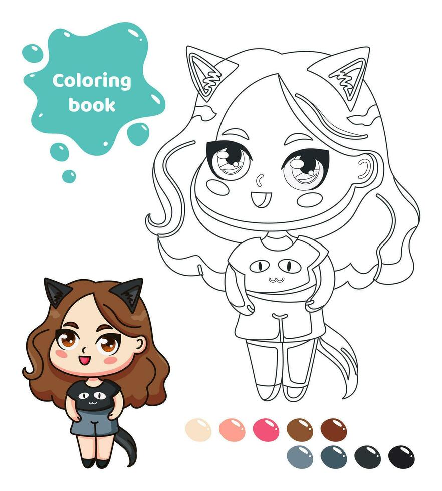 färg bok för ungar. kalkylblad för teckning med tecknad serie anime flicka. söt flicka med katt öron och svans. färg sida med Färg palett för barn. vektor illustration.
