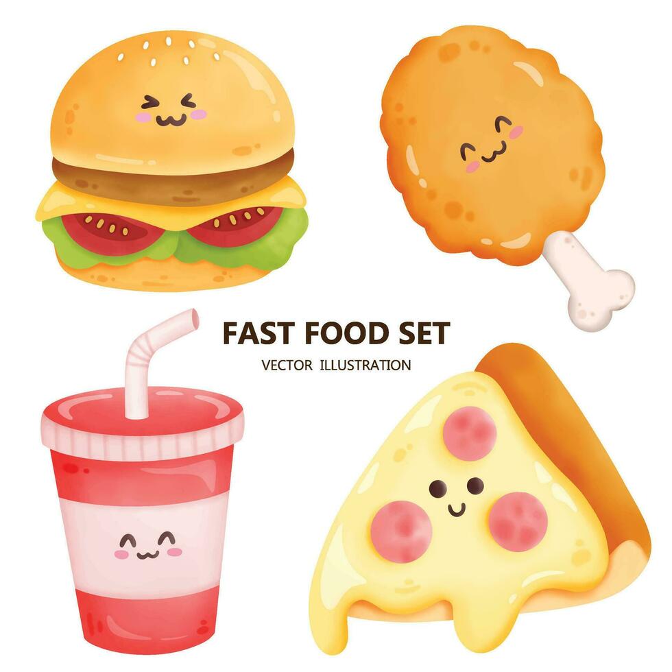 söt snabb mat tecknad serie uppsättning, hamburgare, stekt kyckling, cola och pizza vektor illustration