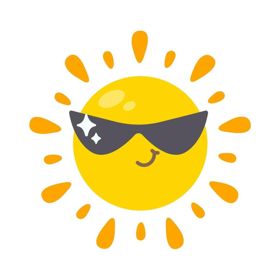 leende Sol tecknad serie bär solglasögon sommar resa begrepp skydd från Sol strålar vektor