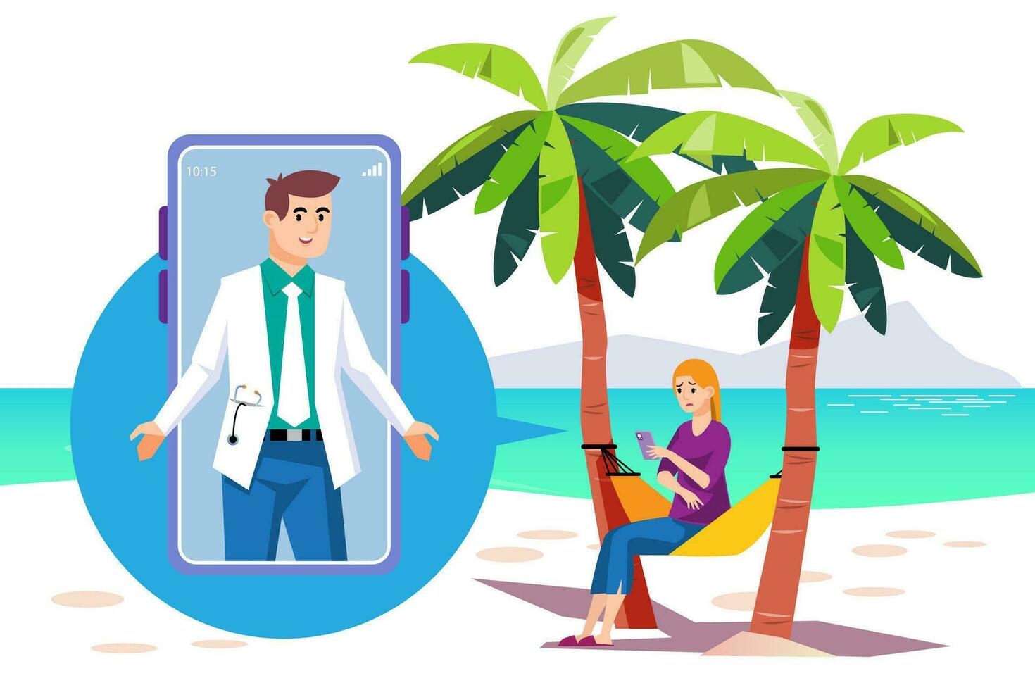 online medizinisch Beratung. Vektor Illustration im eben Karikatur Stil. Frau Sitzung auf das Strand und konsultieren Ihre Symptome online mit ein Arzt.