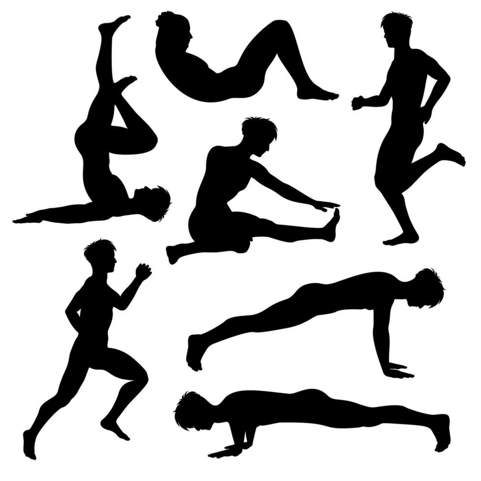 manlig silhuetter i olika sporter och sträcka poser vektor