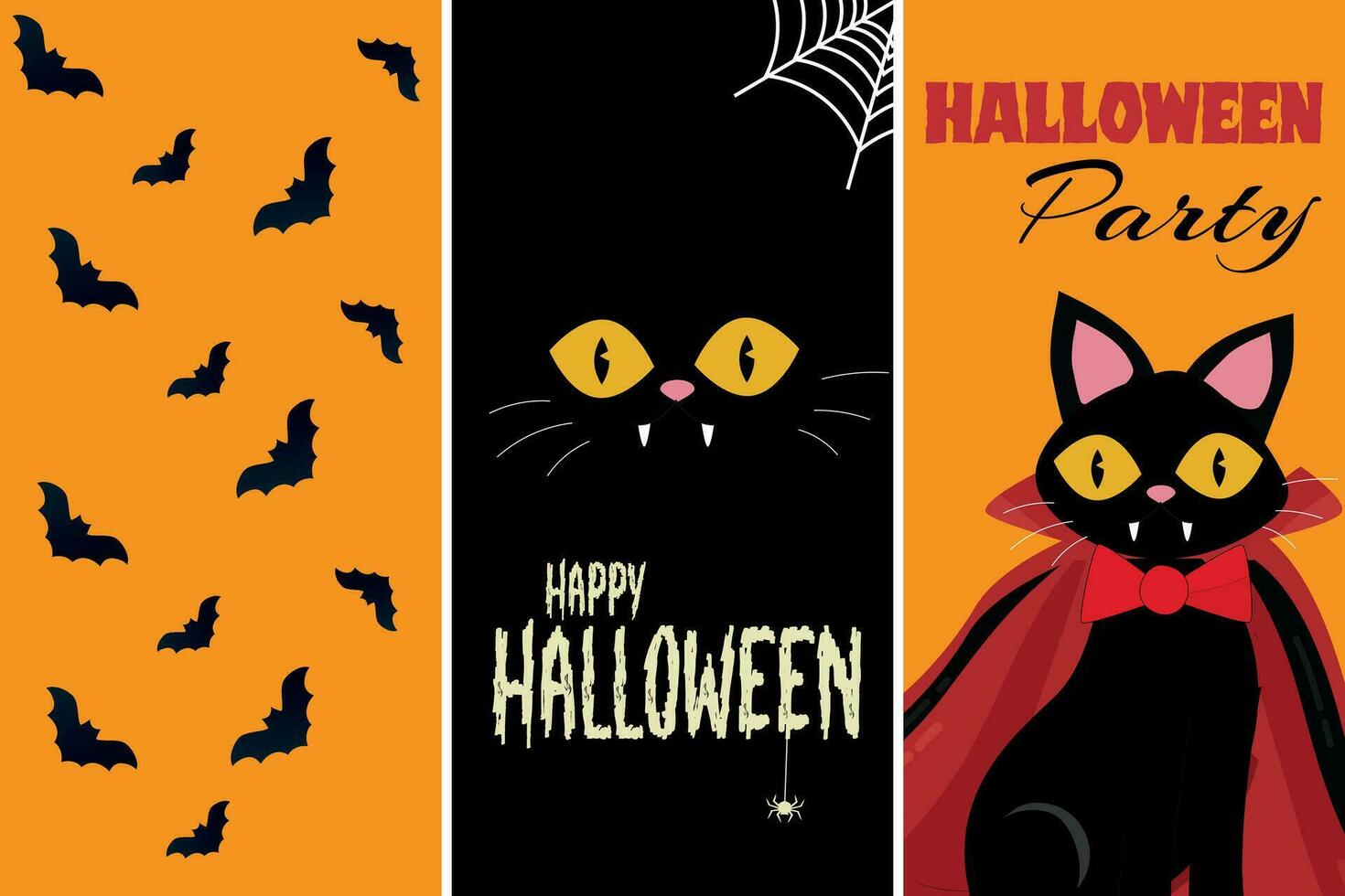 Halloween Karten Satz. Halloween Poster zum Party.Halloween Vektor Abbildungen mit Katze. Halloween Party