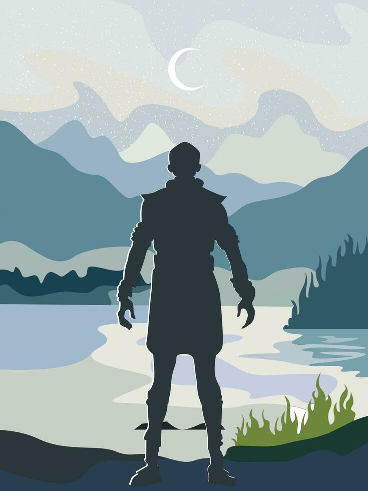 silhuett av en manlig krigare på de bakgrund av en landskap med en starry himmel, en sjö och berg. vektor