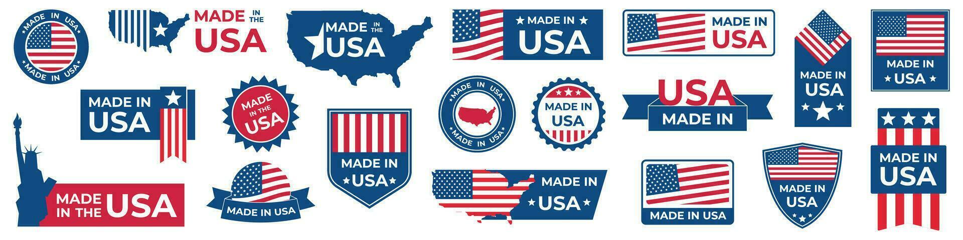 tillverkad i USA märken uppsättning. amerikan etiketter. patriotisk logotyp eller stämpel. vektor illustration.