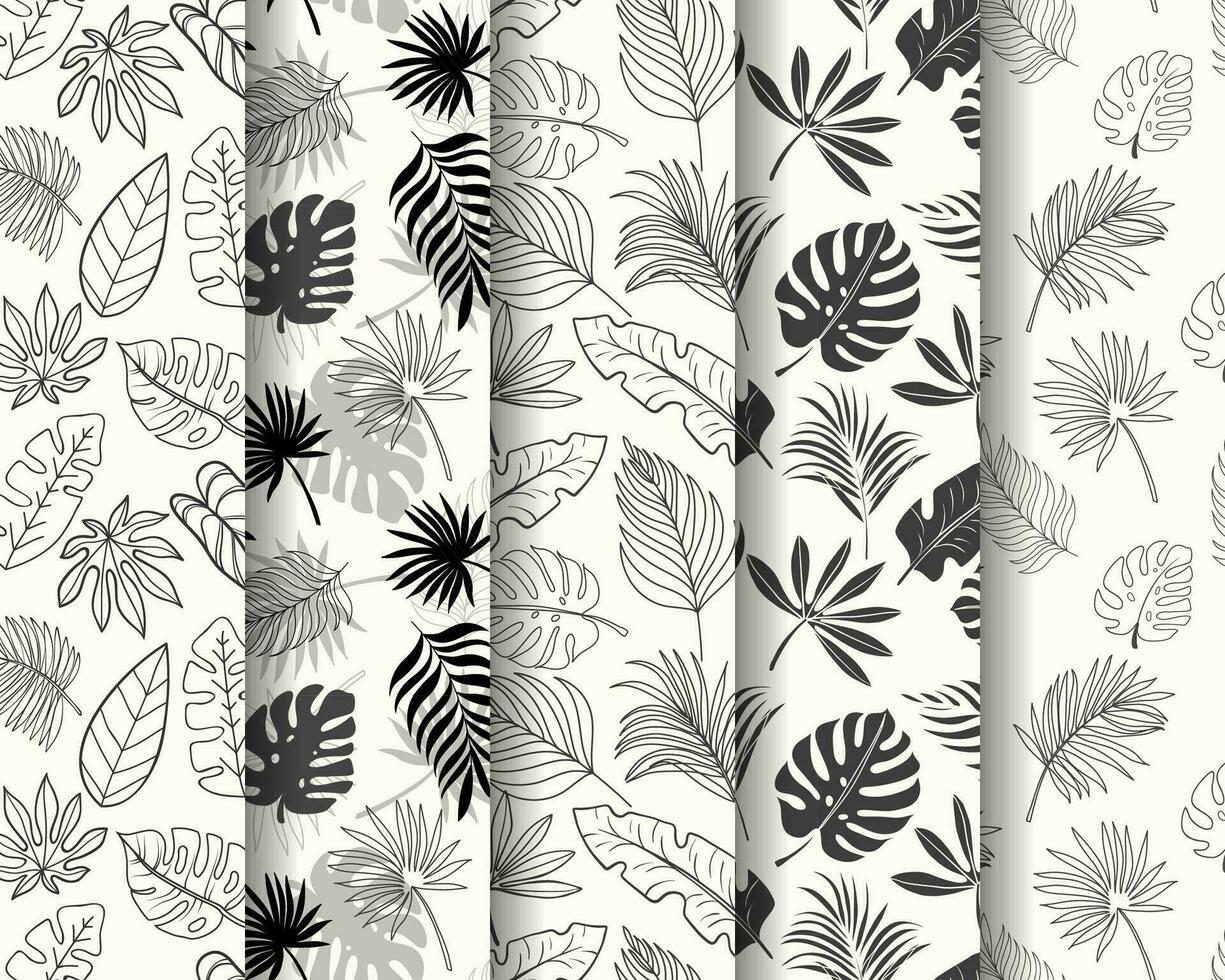 sömlös mönster samling med hand dragen sommar tropisk löv vektor