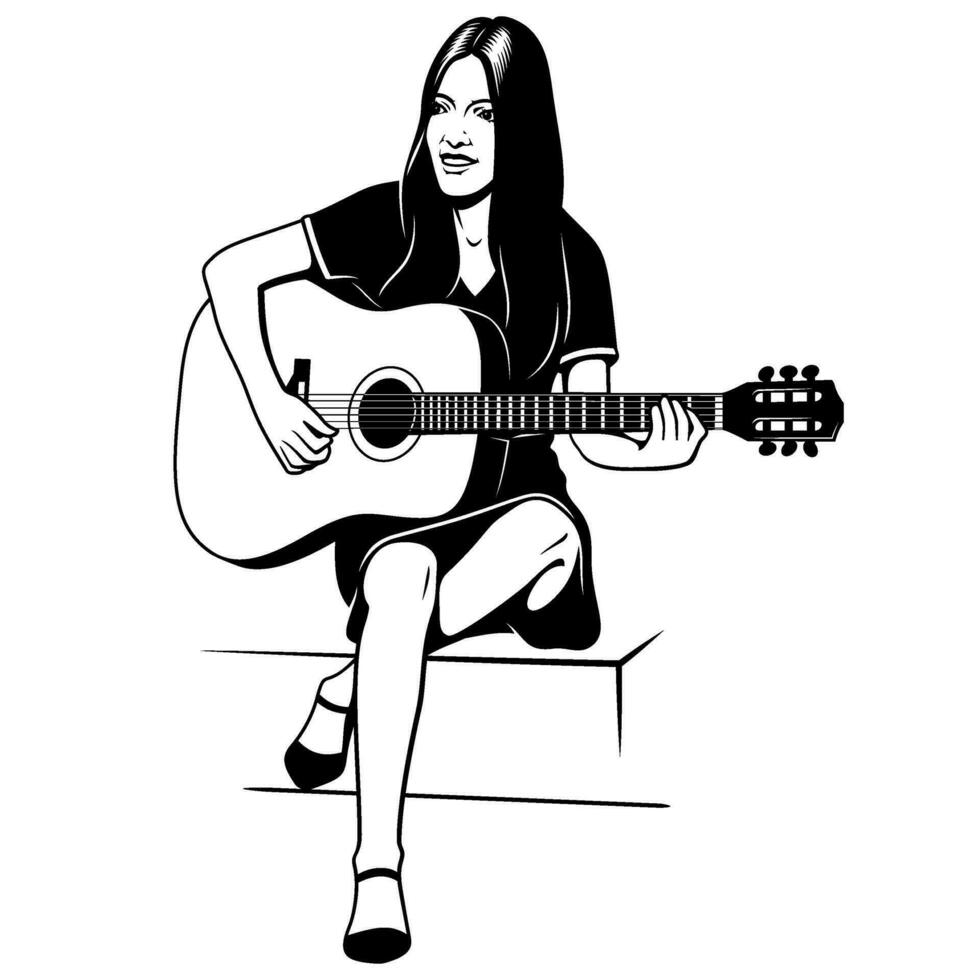 silhuett av flicka sång och spelar på akustisk gitarr. svart och vit stencil vektor ClipArt. trappa är de separat objekt.