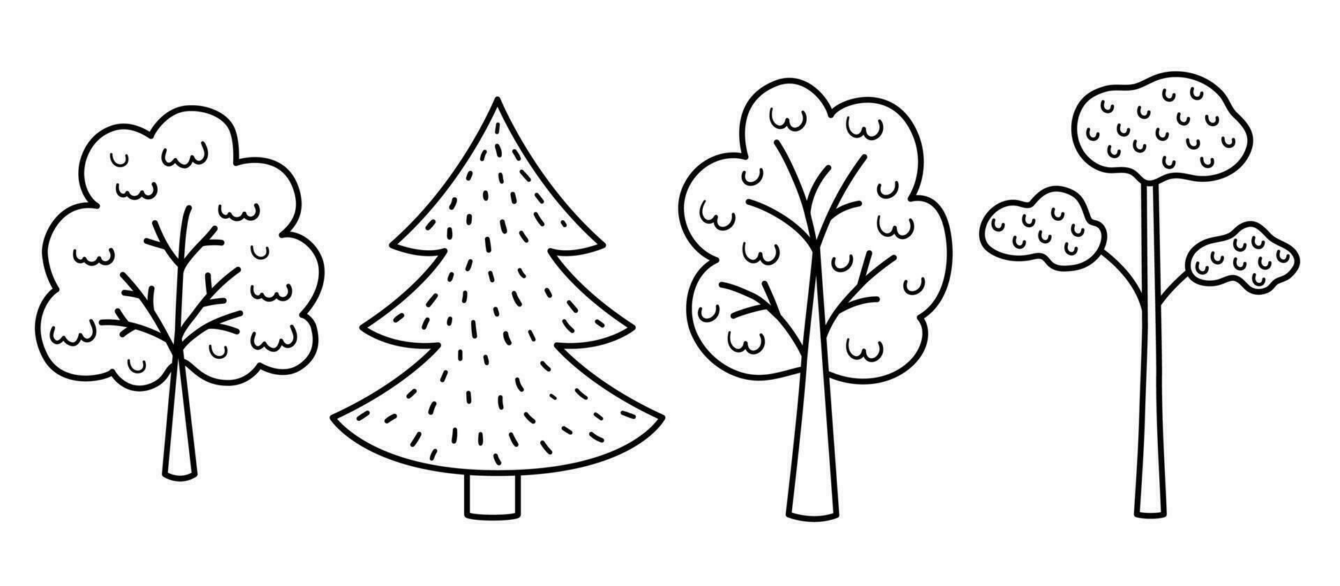 Vektor schwarz und Weiß Bäume Satz. Wald Färbung Seite zum Kinder. süß Natur Gliederung Sammlung mit Pflanzen. Garten oder Wald Symbole Pack