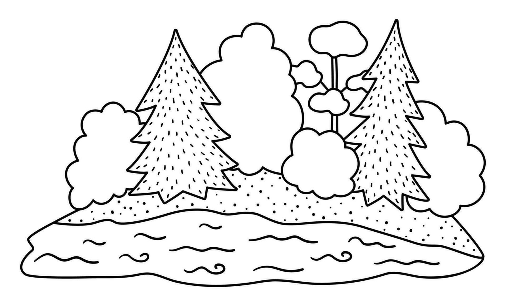 Vektor schwarz und Weiß Fluss und Wald Landschaft. Umgebung freundlich Linie Konzept mit Bäume, See und Boot. ökologisch oder draussen Camping Illustration. Erde Tag Szene oder Färbung Seite