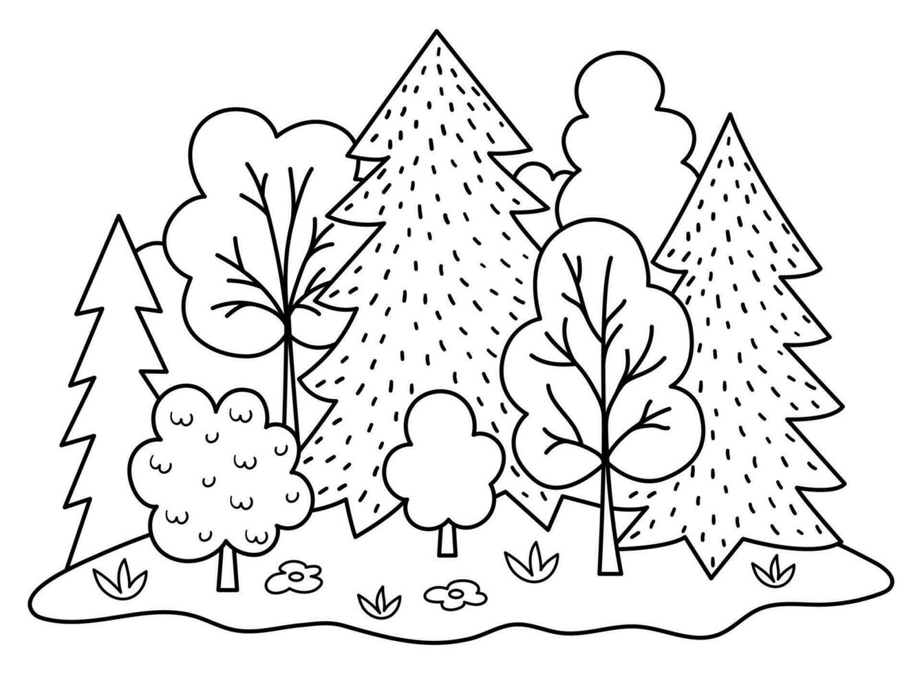 Vektor schwarz und Weiß Wald Landschaft. Umgebung freundlich Konzept mit Bäume, Blumen und Gebüsch. ökologisch oder draussen Camping Linie Illustration. süß Erde Tag Färbung Seite mit Pflanzen