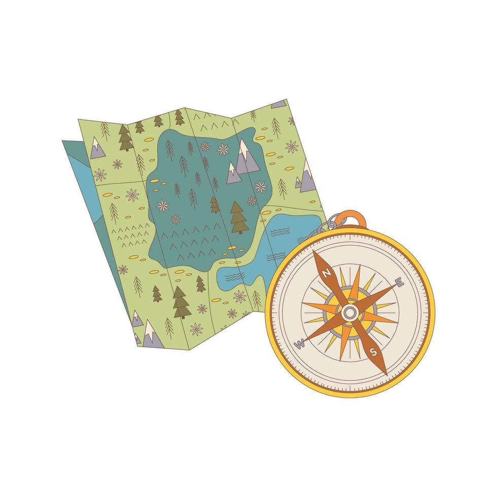 Karta, kompass. dragen element för camping och vandring. vildmark överlevnad, resa, vandring, utomhus- rekreation, turism. vektor