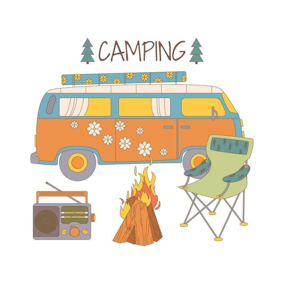bål, stol, skåpbil, radio. dragen element för camping och vandring. vildmark överlevnad, resa, vandring, utomhus- rekreation, turism. vektor