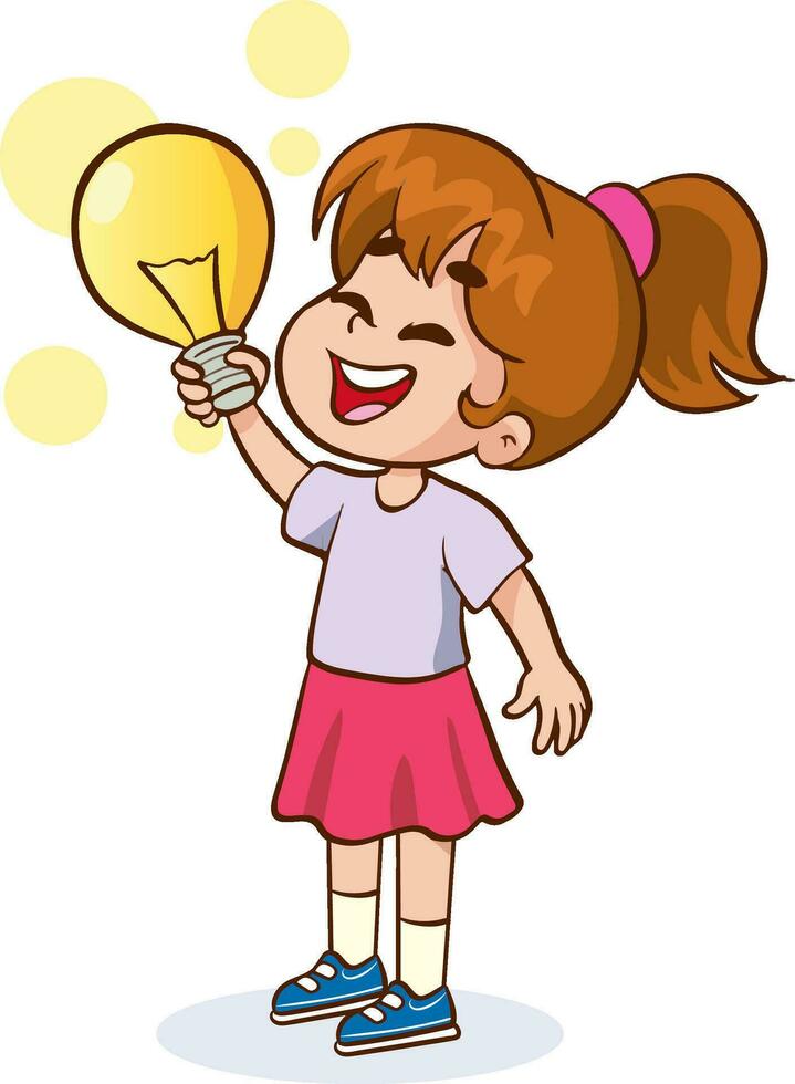 barn med lysande idéer .Lycklig söt liten unge flicka med aning lampa tecken. vektor
