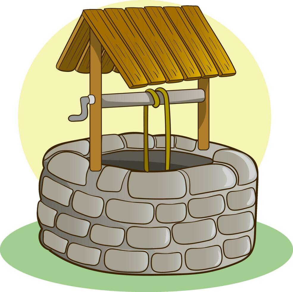Vektor Karikatur Sommer- Landschaft mit Jahrgang Gut mit hölzern Dach, Rolle und Eimer. Becken zum Wasser Quelle oder Frühling in der Nähe von Bauernhof oder Dorf