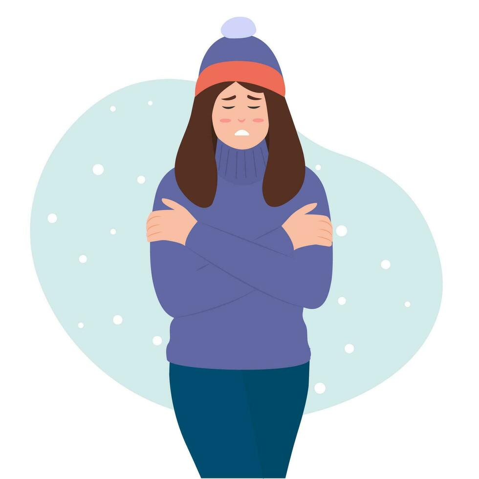 Frau Zittern im chillen kalt Winter Jahreszeit Wetter. Winter Jahreszeit.kalt Wetter, einfrieren. Vektor Illustration