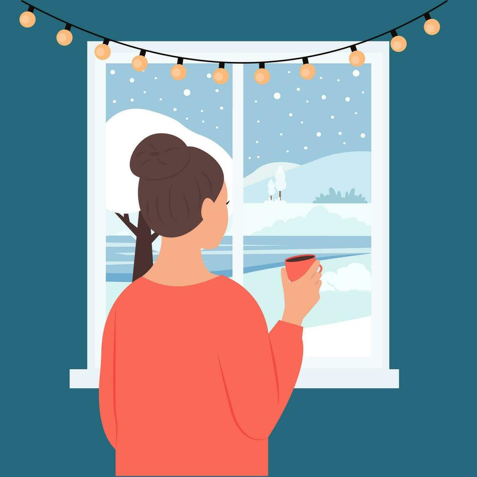 ein Dame mit ein Tasse von heiß Tee oder Kaffee genießt das Winter Landschaft. Winter Fenster schneebedeckt Wetter.Vektor Illustration vektor