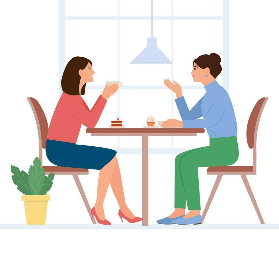 smilling kvinnor sitta på de tabell och chatt i en Kafé. kvinna vänner dricka te ot kaffe tillsammans. människor njuter kaffe ha sönder i offentlig plats, har te i restaurang, konversation, äter. vektor