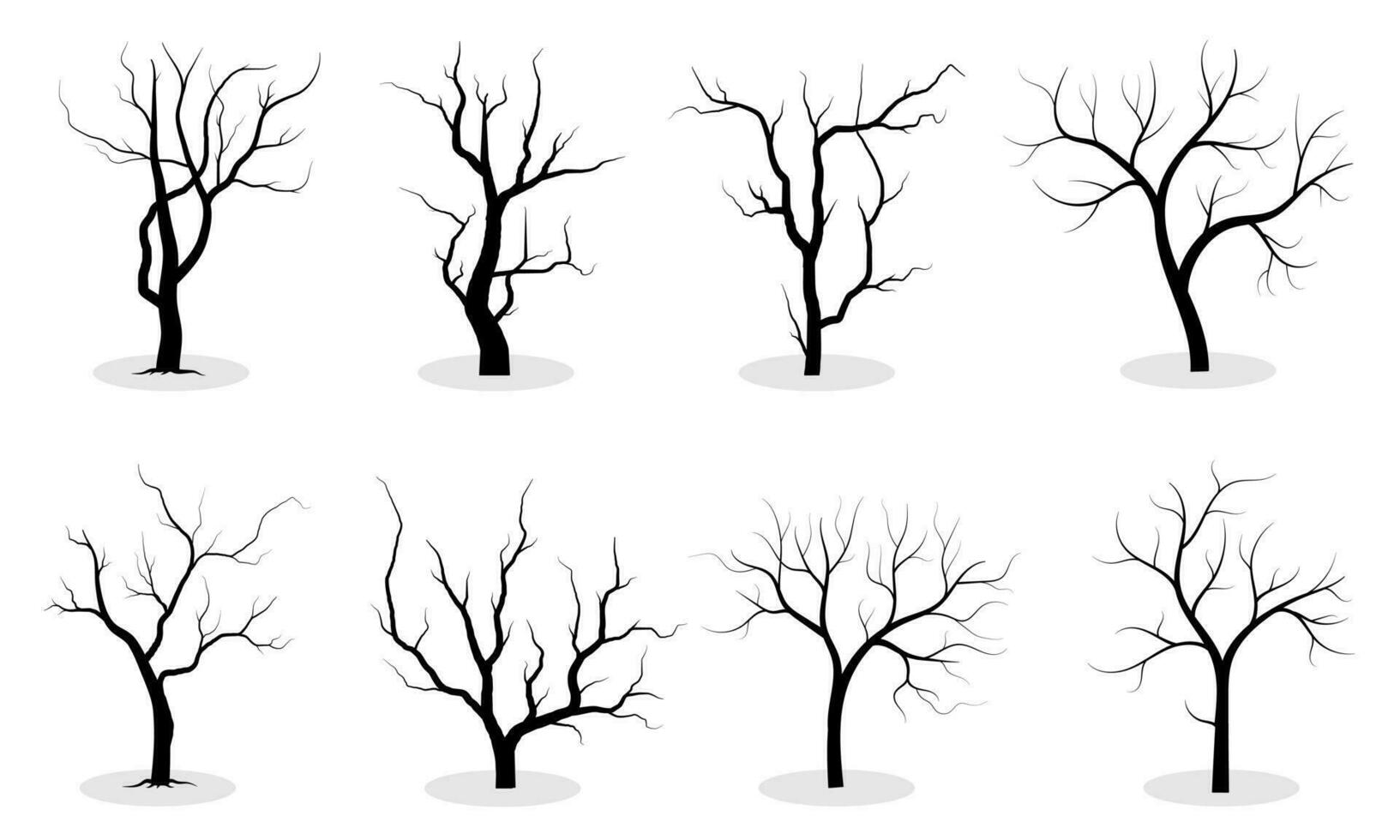 stor samling svart träd eller naken träd silhuetter vektor. hand dragen isolerat illustrationer. vektor