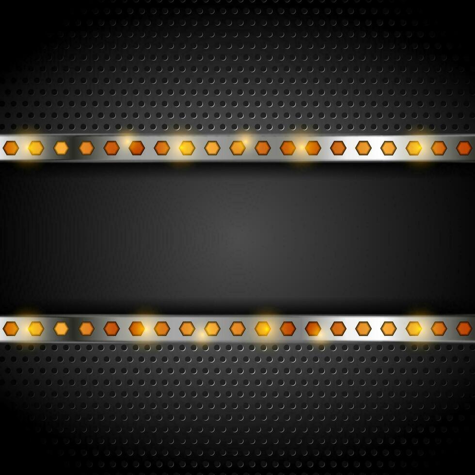 teknologi metallisk perforerad bakgrund med orange hexagoner vektor