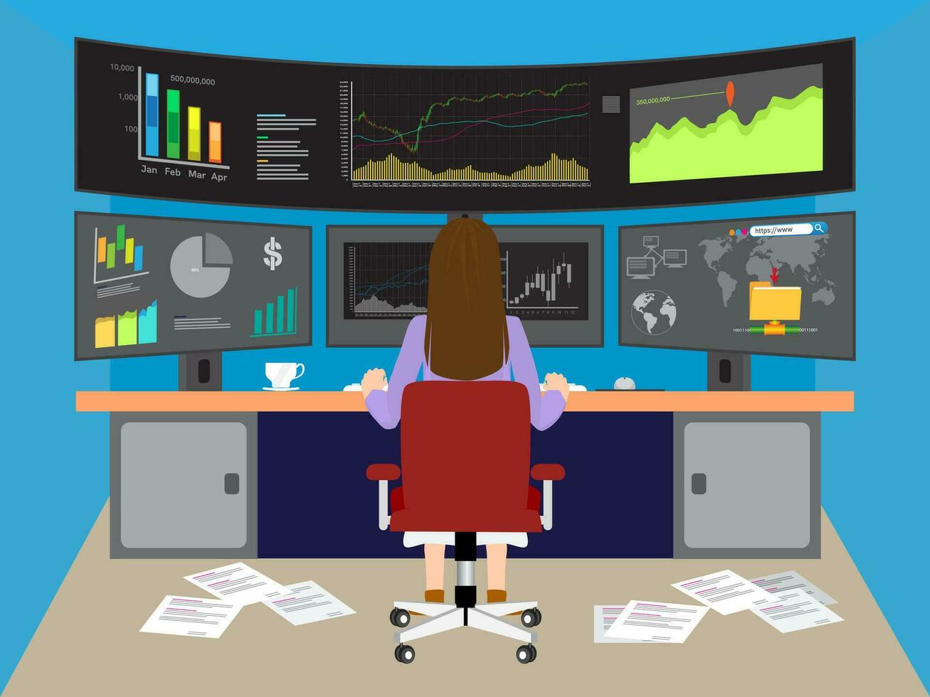 analytiker använder sig av skrivbordet dator och forska de finansiell data på hans kontor. begrepp av en digital diagram, Graf gränssnitt, virtuell skärm, teknisk pris indikator, handel uppkopplad, global marknadsföra vektor