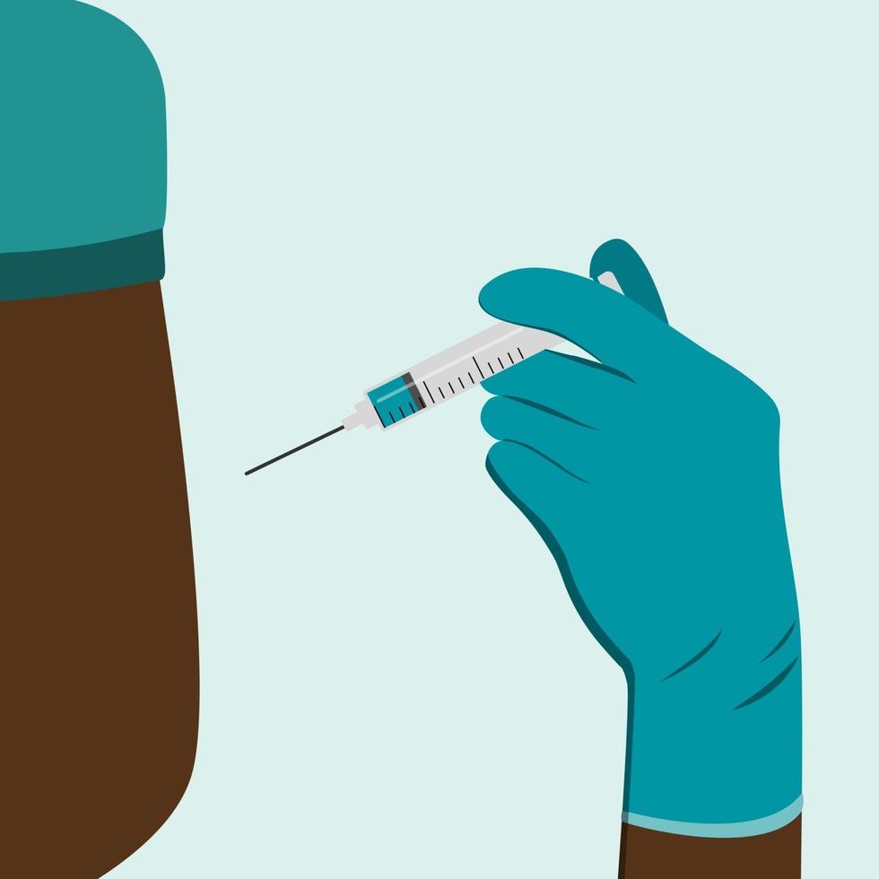 Der schwarze Arzt gibt eine Injektion in den Schulterarmmuskel-Coronavirus-Impfarzt, der einen schwarzen Patienten injiziert vektor