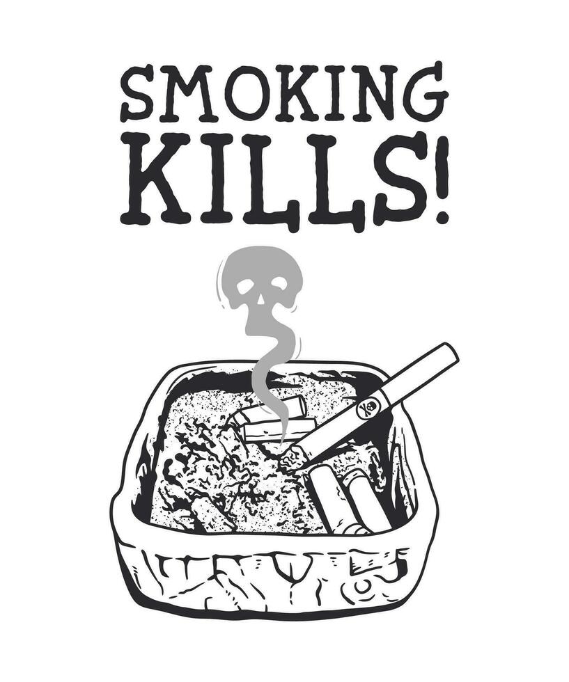 Aschenbecher und geräuchert Zigaretten. das Inschrift Rauchen tötet. Vektor Linie Kunst Illustration