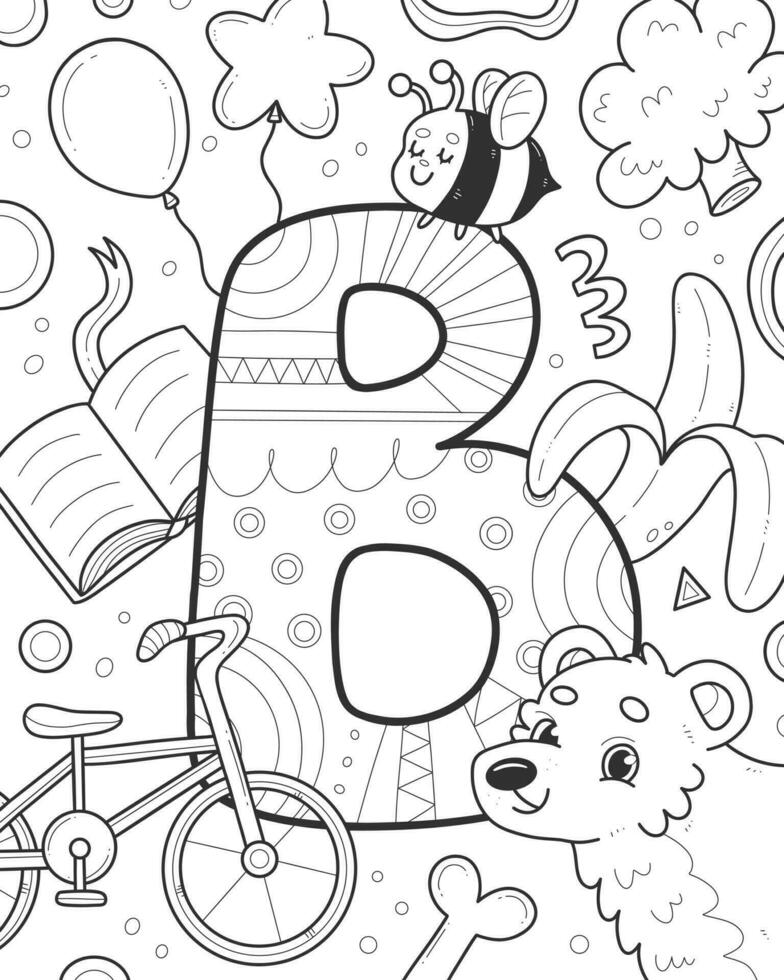 Färbung Alphabet mit Englisch Brief b. Kinder- Färbung Buch mit ein tragen, Biene, Luftballons, Buch, Banane, Fahrrad, Knochen, Brokkoli. Vektor linear schwarz und Weiß Illustration
