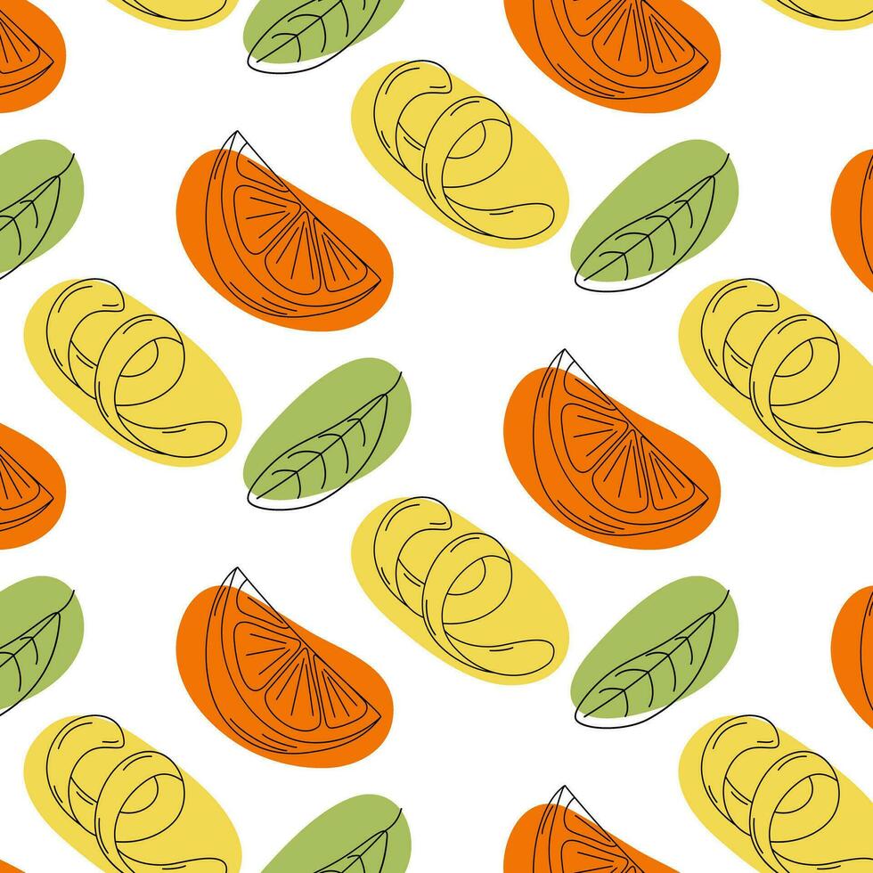 sömlös mönster av citron- krydda, orange skiva och grön blad med färgrik fläckar i trendig nyanser. vektor