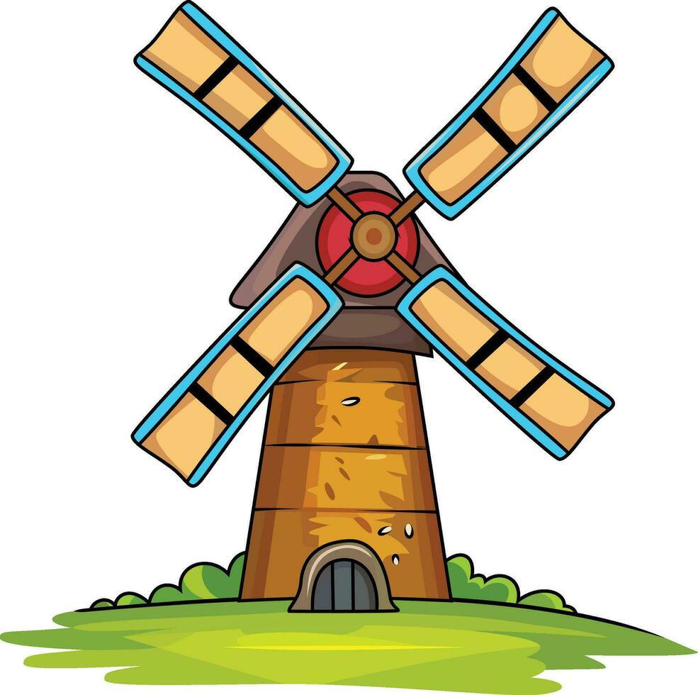 Karikatur Wind Mühle Vektor Illustration, Wind Mühle Turbine , Post Mühle , Wind Ladegerät , rotierend Rad Vektor Bild, farbig und schwarz und Weiß Linie Kunst Lager Vektor