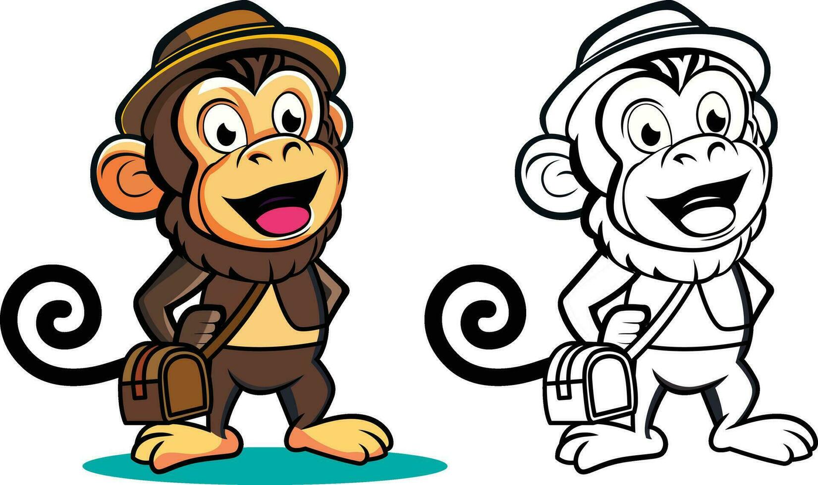 Tour leiten Affe Karikatur Maskottchen Charakter Vektor Illustration, Affe tragen ein Hut Tragen ein Tasche wie ein Tour leiten Vektor Bild
